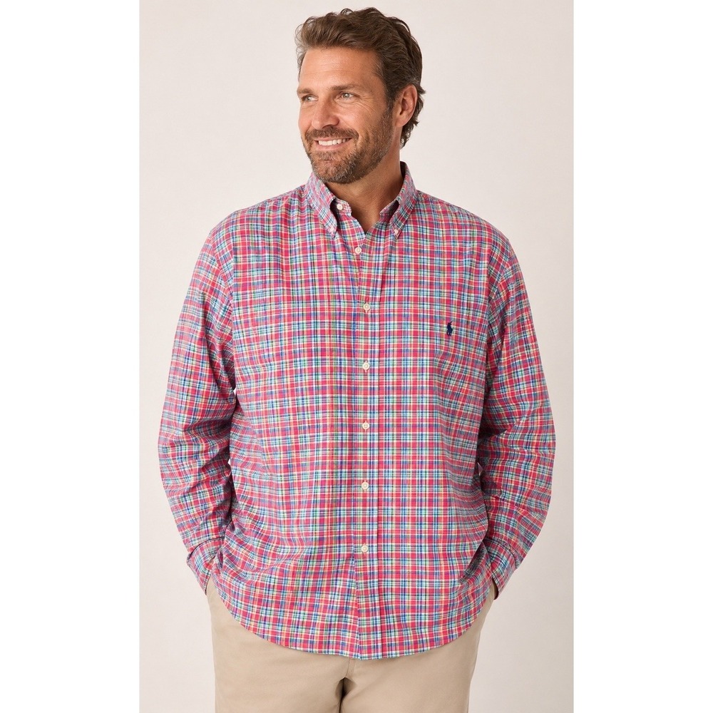 Ralph Lauren Men's 2XLT Plaid Button Down Shirt Big Tall Coral Blue Cotton